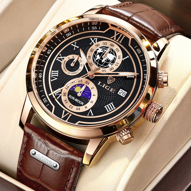 Montre chronographe avec bracelet en cuir haut de gamme