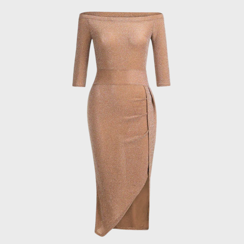 Les modèles | Robe pailletée à épaules dénudées