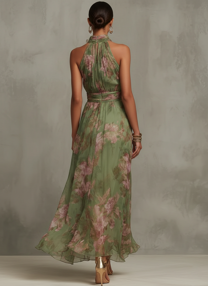 Serena ∙ Robe longue verte à fleurs en chiffon avec décolleté américain