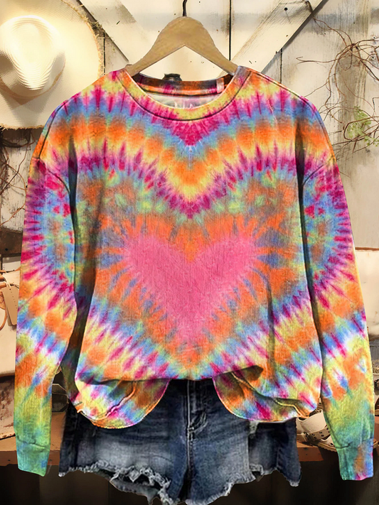 Valentine's Day Heart Tie Dye Pattern Crew Neck Sweatshirt