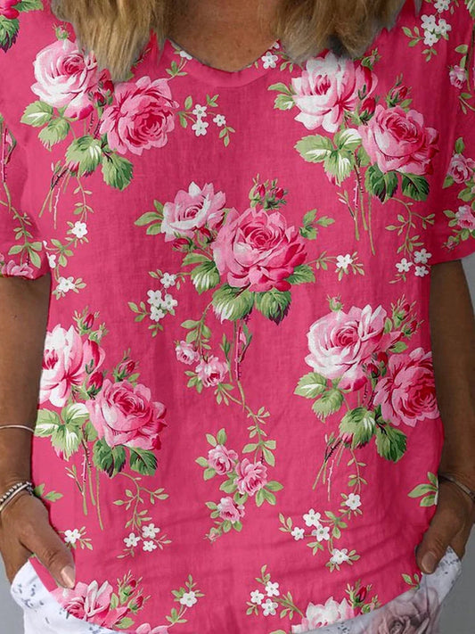 Haut à manches courtes en coton et lin à motif de fleurs artistiques pour femmes