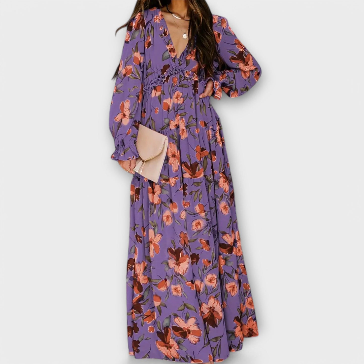 Elle | Robe longue fleurie à col en V