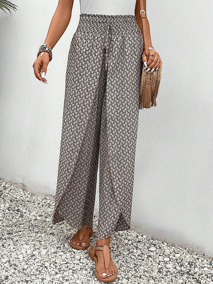 Pantalon marron imprimé à taille élastique avec cordon de serrage
