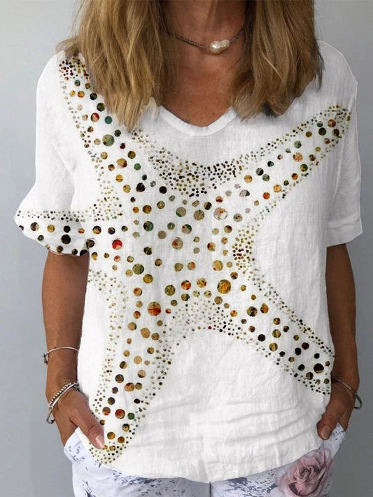 Haut à manches courtes en coton et lin à motif d'étoile de mer Undersea Art World pour femmes