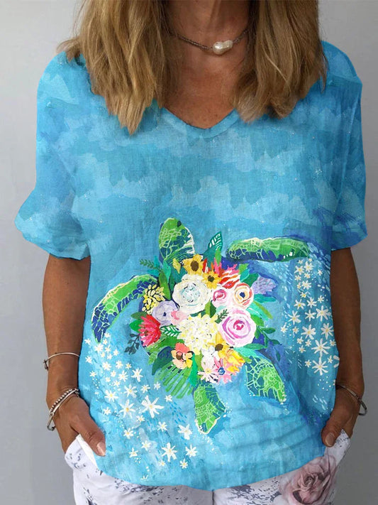 Haut Femme à Manches Courtes en Coton et Lin avec Tortue et Fleurs en Aquarelle