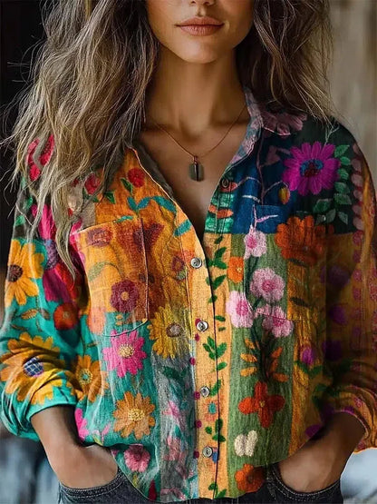 Chemise à manches longues et col imprimé floral voyante