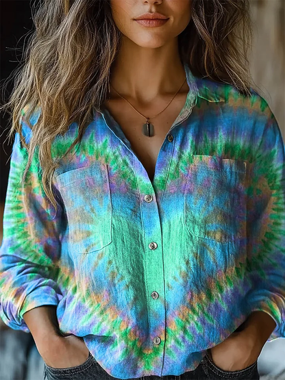 Chemise Femme Confortable en Coton à Manches Longues avec Imprimé Cœur Tie-Dye Coloré