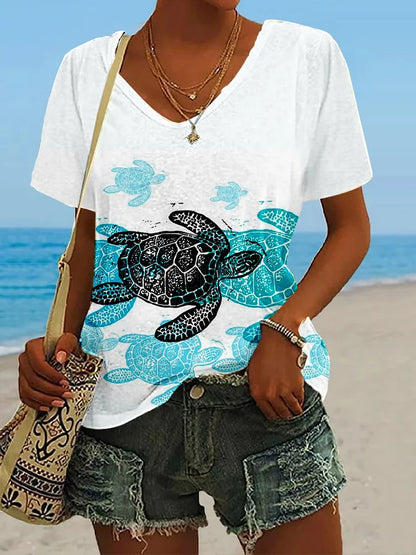 T-shirt Femme à Col en V avec Motif Tortues Marines Ludiques