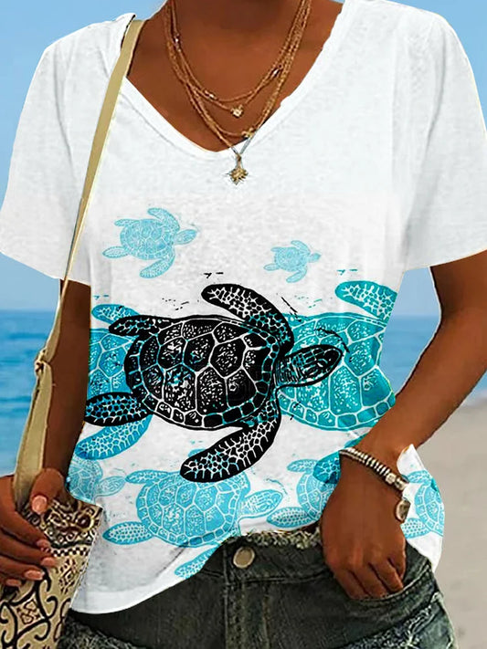 T-shirt Femme à Col en V avec Motif Tortues Marines Ludiques