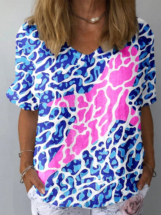 Haut Femme à Manches Courtes en Coton et Lin avec Motif Léopard Artistique et Motif Baleine du Monde Sous-Marin