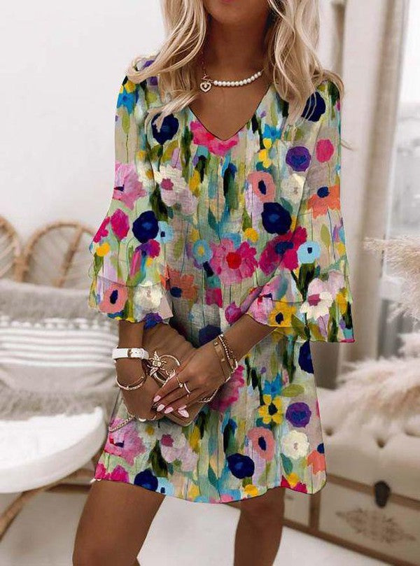 Jane Mini-robe romantique à col en V et imprimé floral