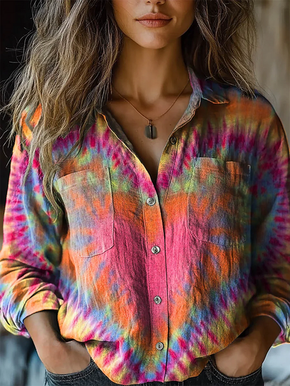 Chemise Femme Confortable en Coton à Manches Longues avec Imprimé Cœur Tie-Dye Coloré
