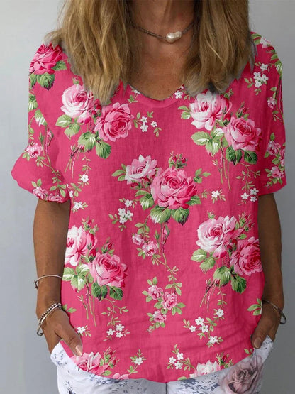 Haut à manches courtes en coton et lin à motif de fleurs artistiques pour femmes