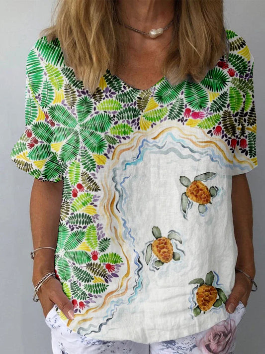 Haut à manches courtes en coton et lin à motif de tortue sous-marine pour femmes