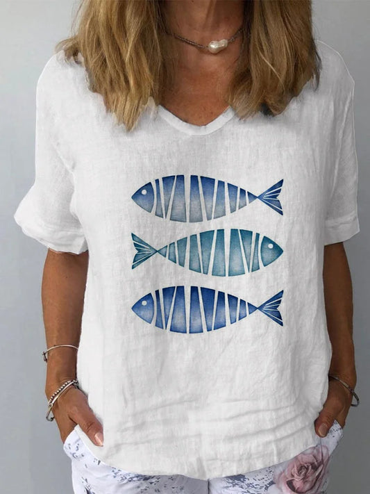 Haut à manches courtes en coton et lin à motif de poisson du monde océanique simple pour femmes