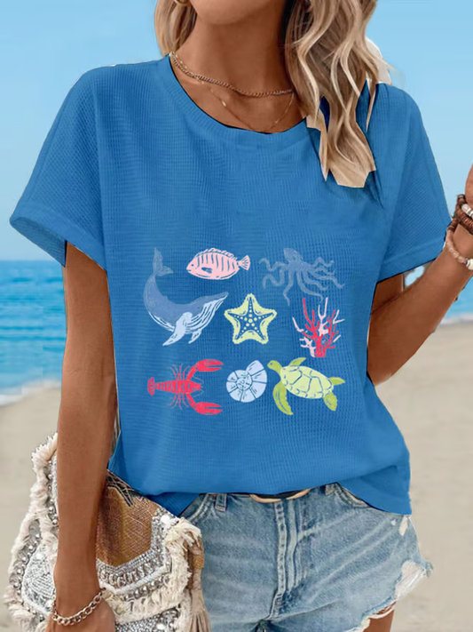 T-shirt à col rond à motif du monde sous-marin pour femmes