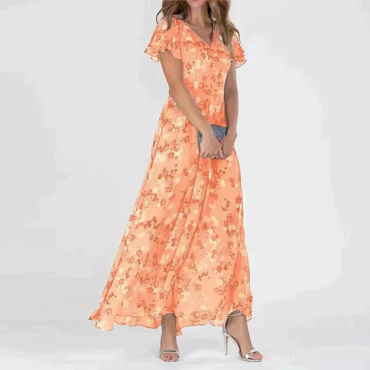 Marit | Robe longue élégante à col en V et motif floral