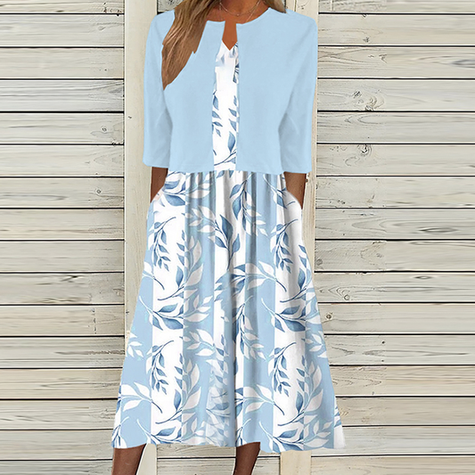 Robe midi unique à imprimé végétal bleu avec veste