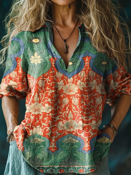 Chemise Femme Vintage en Coton et Lin Confortable à Manches Longues avec Motif Floral Symétrique