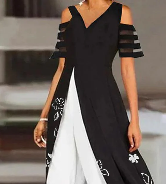 Ensemble deux pièces à imprimé floral noir et blanc