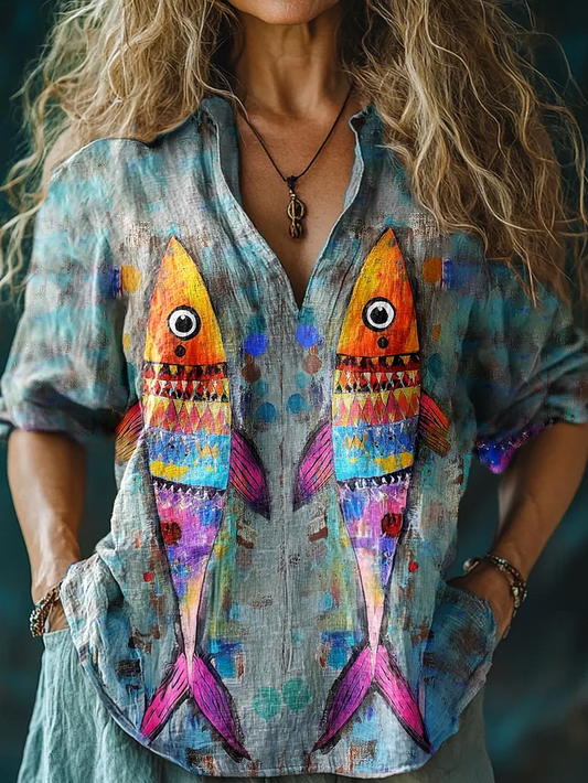 Chemise en coton et lin confortable à manches longues avec peinture artistique de sardines pour femmes