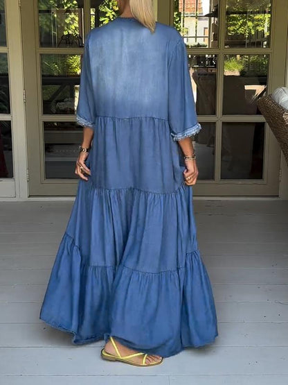 Robe longue bleue en denim unie à manches 3/4