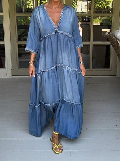 Robe longue bleue en denim unie à manches 3/4