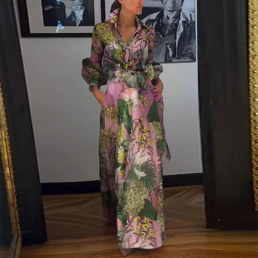 Robe longue rose élégante à manches longues