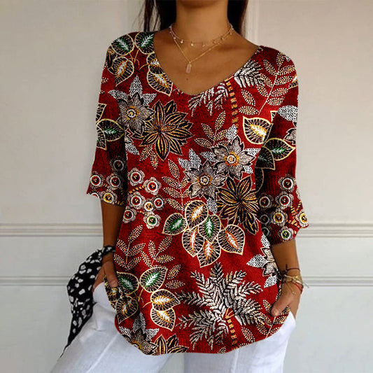 Lucie™ | T-Shirt Longues Manches Imprimé Feuilles Vintage